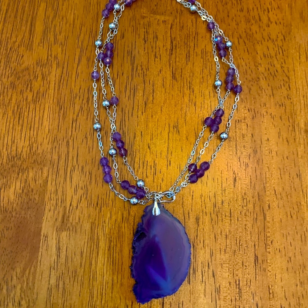 Natural Amethyst Geode with 3 Sterling Silver Chains w/Amethyst & Sterling Beads